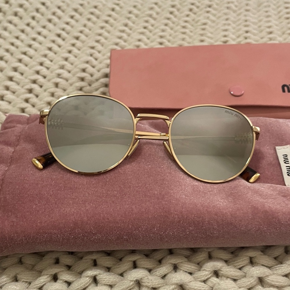 Miu Miu Gold Round Metal Frame Sunglasses with Light Reflective Lenses - Picture 9 of 9
